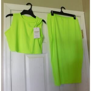 ELLEVEN 2 Piece Midi Skirt Set Neon Green New With Tag